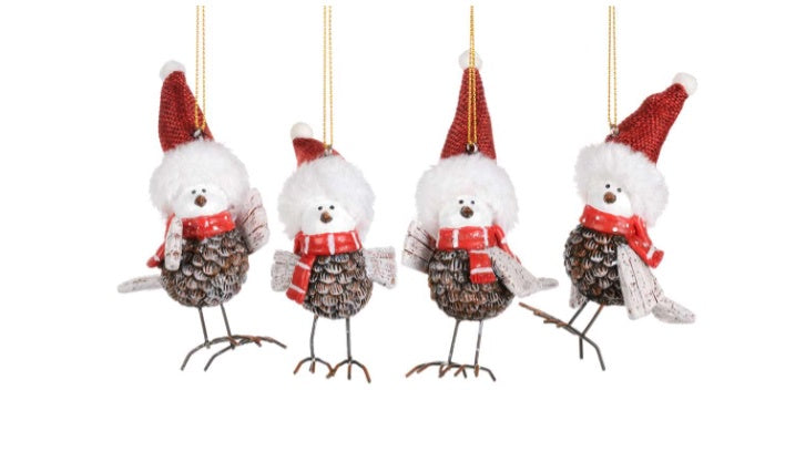 Fun Pinecone Bird w Red Hat Ornament