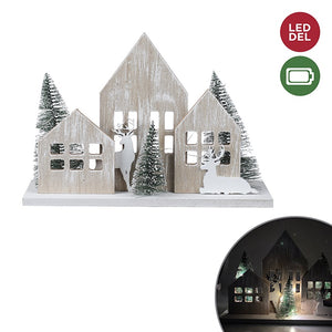 Lit Wooden Village w Trees & Deer