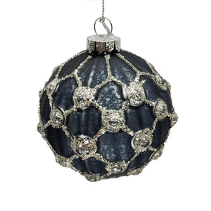 Silver Checked Blue Glass Ball Ornament