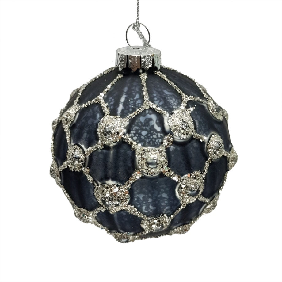 Charcoal & Silver Checkered Glass Ball Ornament