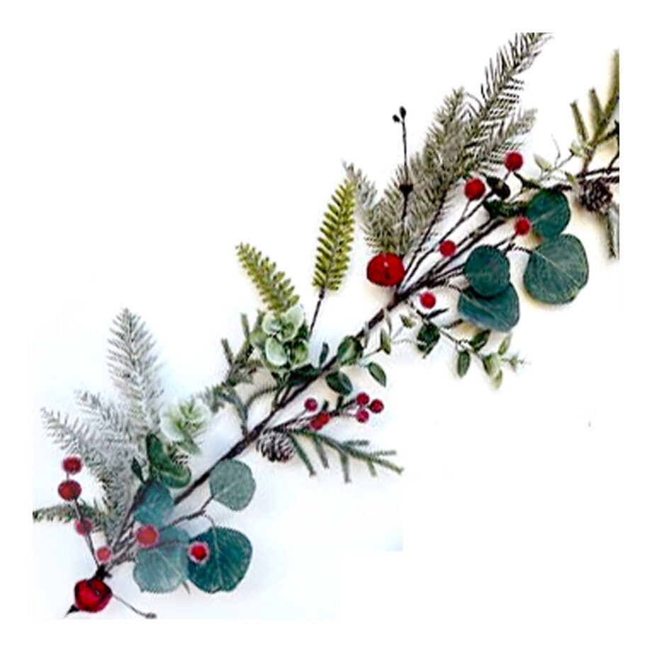 Eucalyptus & Pine Garland w Red Bells & Berries