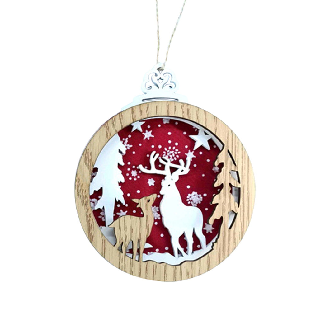 Red & White Wooden Deer Scene Ornament