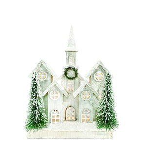 Snowy Wooden House w Church Backdrop