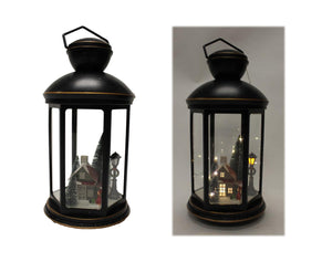 Lit Black Lantern w Village Scene