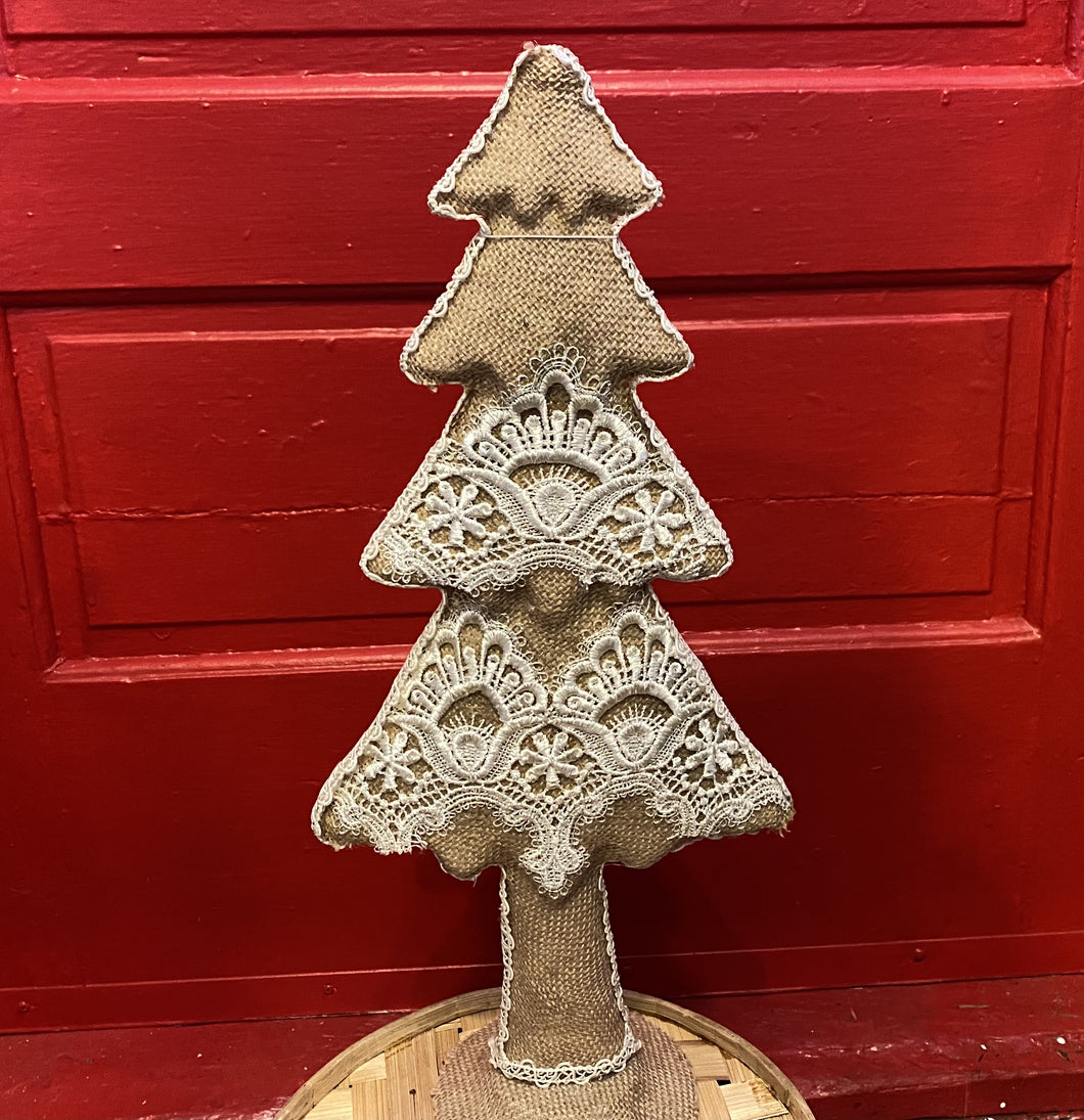 Large burlap tree with white lace designs