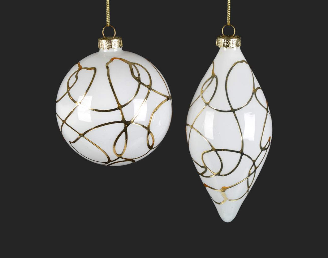 White Glass Ball or Drop Ornament w/gold swirl