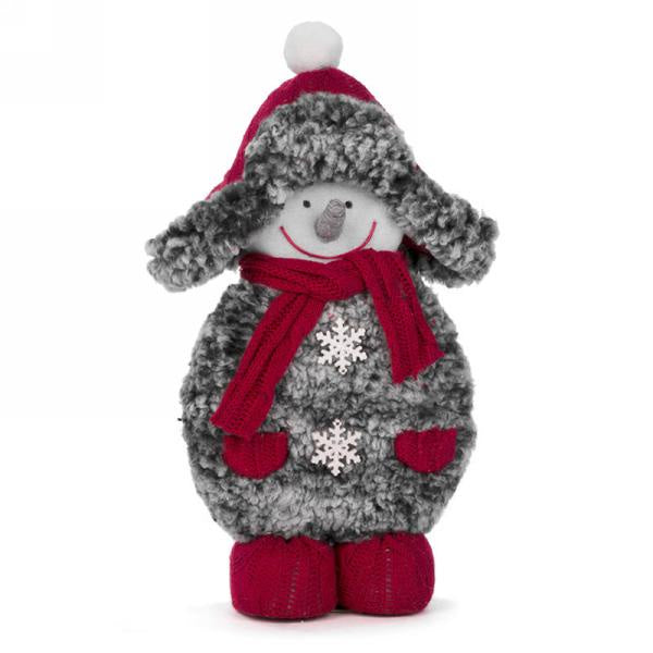 Grey Faux Fur Snowman With Red Trim
