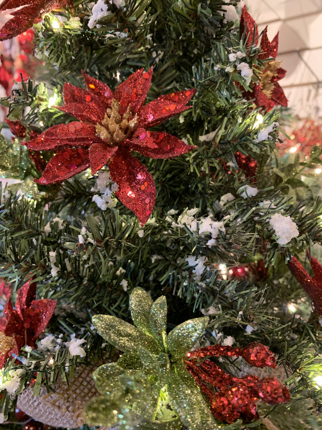 Fancy Lit Poinsettia Evergreen Tree