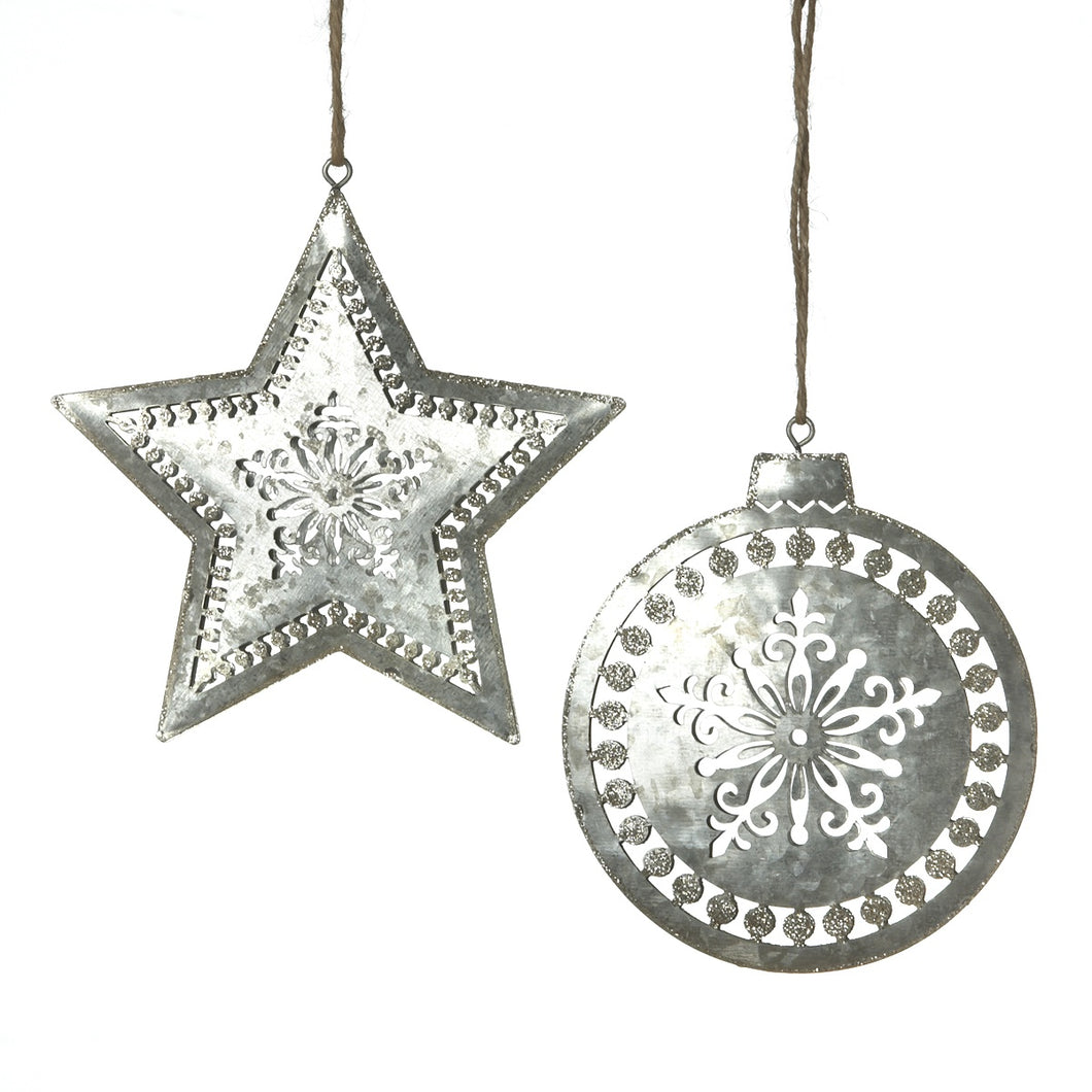 Silver Glitter Metal Star or Disc Ornament
