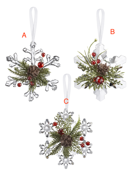 Mistletoe Krystal Pine Snowflake Ornament 3 asst