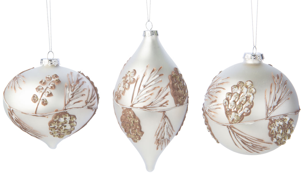Frosted White Glass Ornament w Pinecone Design