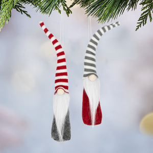 Small Plush Gnome Ornament w Striped Hat