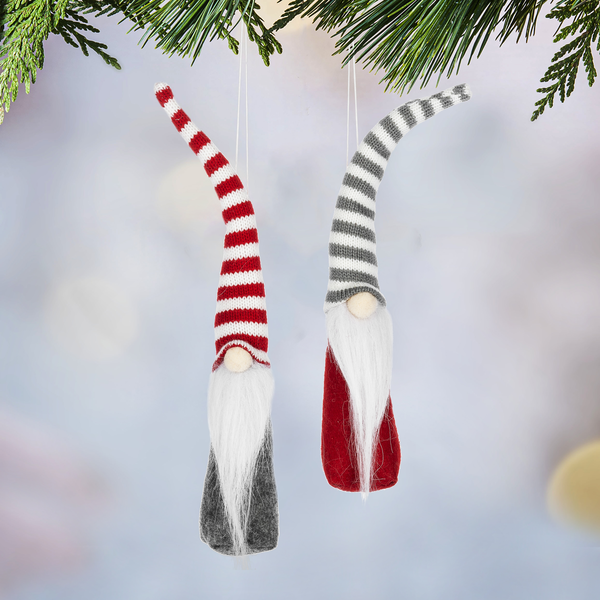 Small Plush Gnome Ornament w Striped Hat